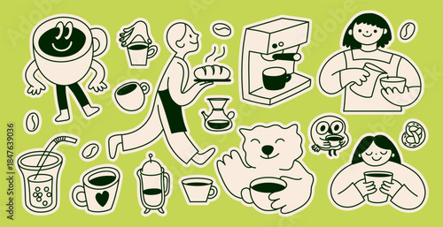 Vector stickers designs, hand drawn doodle sketchy characters and mascots, specialty coffee and cafe  concepts and icons
