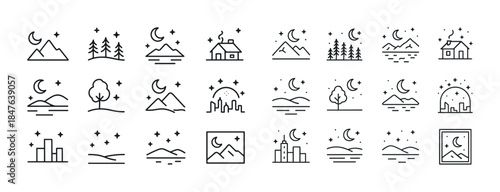 Minimalist landscape icons with moon and stars in various scenes
