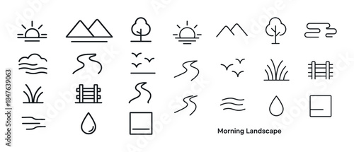Minimalist nature icons: sun, mountains, trees, water, pathways