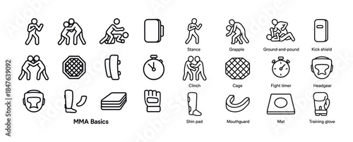 Mma basics icons: stance, grapple, headgear, cage, timer