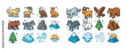 Cute woodland and mountain animals with scenic elements and symb