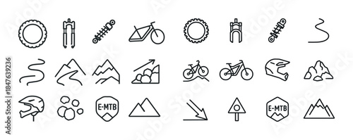 Mountain biking icons: gear, trails, and safety symbols for cycl
