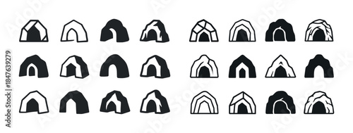 Set of 20 black and white stone arch icons - rocky cave illustra