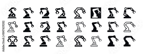 Set of robotic arm icons in various positions and styles