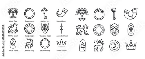Collection of mythical symbols and ancient marks with trees, ani