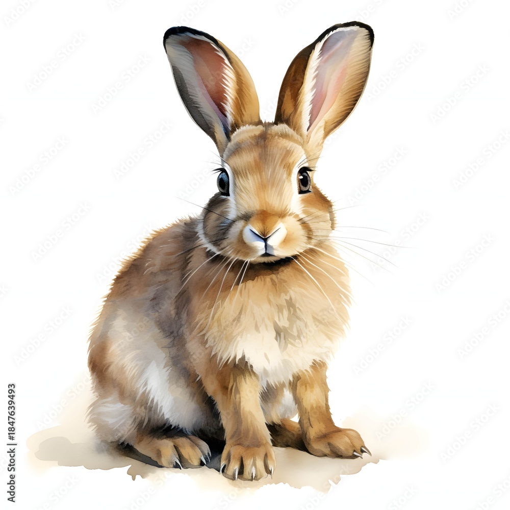 Obraz premium Watercolor painting of a european hare sitting upright on a white background