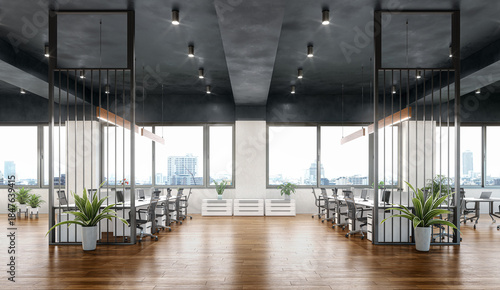 A modern open-space office interior featuring large windows, wooden flooring, contemporary desks, ergonomic office chairs, and stylish hanging lights. 3d illustration