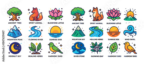 Colorful nature and animal icons with trees, flowers, mountains,