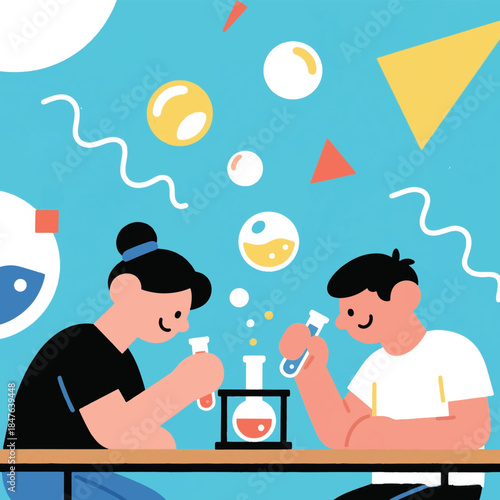 Illustration Of Students Working On A Simple Chemical Experiment Vector Design Template