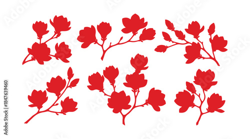 Magnolia flowers. Bundle of magnolia branches. Vector colored silhouettes separated on a white surface
