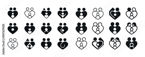 Heart and family icon set: diverse minimalist design collection