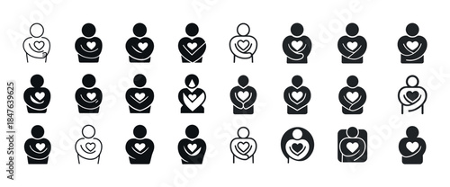 Set of 25 heart embrace icons featuring diverse abstract human f