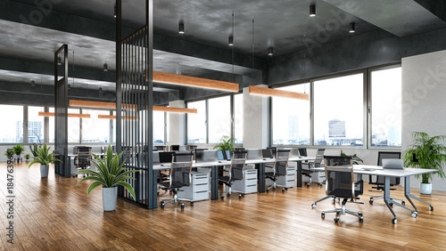 A modern open-space office interior featuring large windows, wooden flooring, contemporary desks, ergonomic office chairs, and stylish hanging lights. 3d illustration