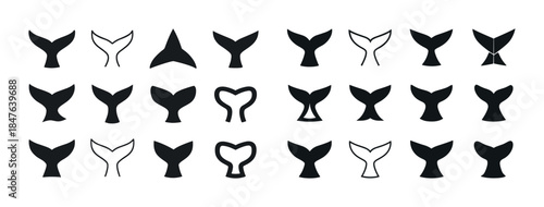 Collection of unique whale tail silhouettes in black and white