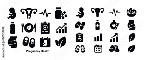 Pregnancy health icons: fetal development, nutrition, exercise,