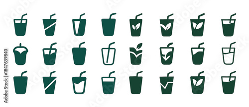 Collection of various green beverage icons with straws and leaf