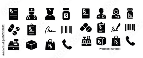 Medical and pharmacy icons set illustrating prescription process