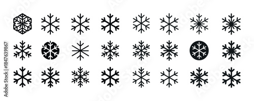 Set of 24 unique snowflake icons in various geometric designs