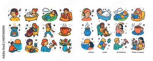 Illustrations of people enjoying hobbies and relaxation activiti