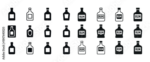 Black and white rum bottle icons collection in various styles