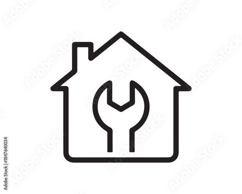 House maintenance and repair service line icon with wrench inside