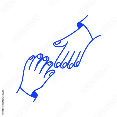 Simple linear vector illustration of hands and gestures representing a partnership and business concept, with two partners shaking hands