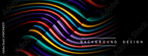 Abstract colorful lines create dynamic waves against dark background. Modern design element for digital projects.