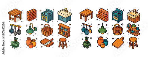 Isometric kitchen elements: stove, sink, table, brick, storage,