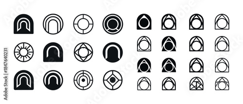 Collection of geometric symbol icons in black and white design