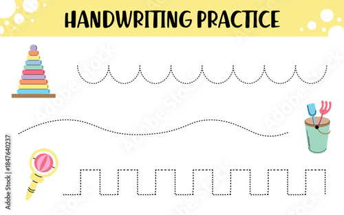 Handwriting Practice Worksheet with Wavy, Scallop, and Box Tracing Lines  for Preschool Kids with Colorful Toys