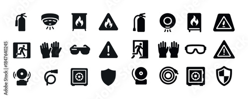 Safety icons set: fire extinguisher, alarm, hazard, gloves, gogg