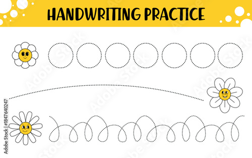 Handwriting Practice Worksheet with Dotted Line Tracing and Flowers for Preschool Kids
