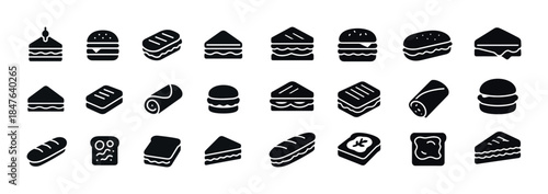 Collection of sandwich and burger icons in simple black silhouet