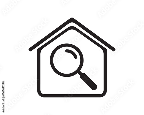 Real Estate Search Icon: House Outline with Magnifying Glass Symbol