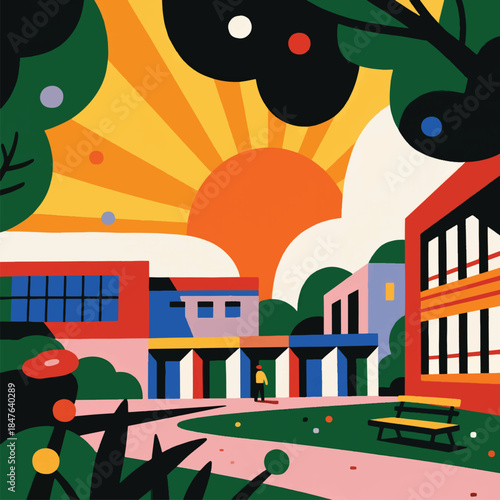 Illustration Of Morning Atmosphere In The School Yard, Sunlight Vector Design Template