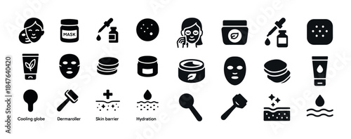 Skincare icons: masks, serums, creams, and tools for beauty rout