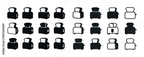 Set of 24 toaster icon silhouettes in various styles and designs