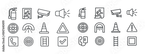 Set of safety and security icons including camera, fire extingui