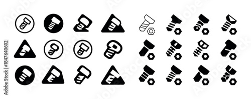 Assorted screw and bolt icon set in various shapes and styles