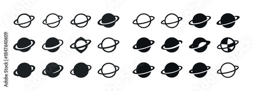 Set of various black and white planet icons with rings in differ