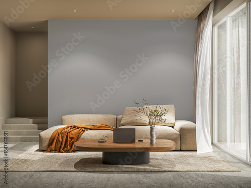 Luxury Modern Interior Design: Cinematic Tracking Shot of Elegant Living Room/Lounge with Ambient Warm Light, Wood Accents, Sofa, Chandelier, Textures, and High-End Home Decor