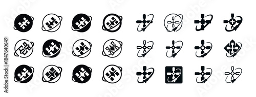 Set of space-themed satellite icons in varied styles and designs
