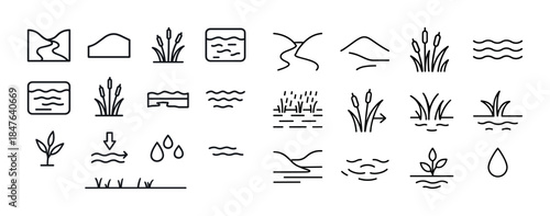 Various wetland icon set illustrating nature and water elements