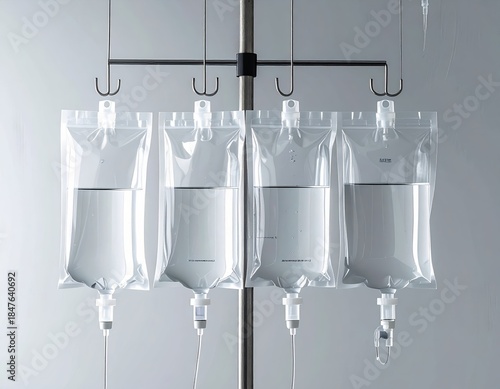 Several sterile transparent IV bags filled with clear liquid hanging from a medical stand in a healthcare setting