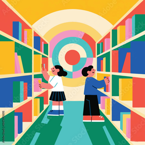 Illustration Of A School Library Atmosphere, Children Looking For Books On The Shelves Vector Design Template