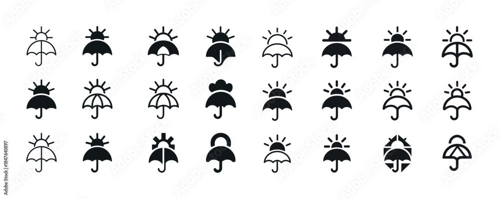 Fototapeta premium Set of weather and umbrella icons with sunlight and rain element