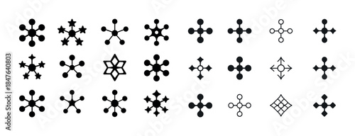 Collection of geometric shapes and abstract star patterns in bla