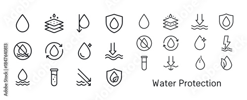 Water protection icons collection featuring shields, droplets, a