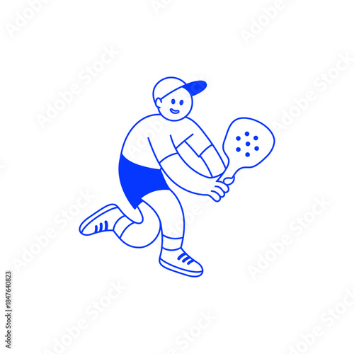 Vector hand drawn mascot illustration, padel tennis sport print and poster ,sticker with funny quirky character, girl holding racket  playing padel for sports club branding, fitness content, and lifes