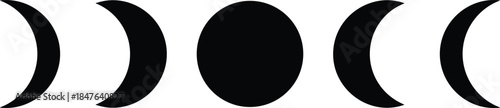 Black silhouette collection of lunar cycle moon phases, featuring crescent, half, and full moon shapes for celestial astronomy and mystical night sky designs